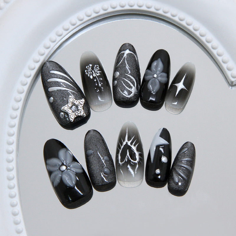 Mysterious Midnight Medium Almond Black Press On Nail Set with Floral Accents