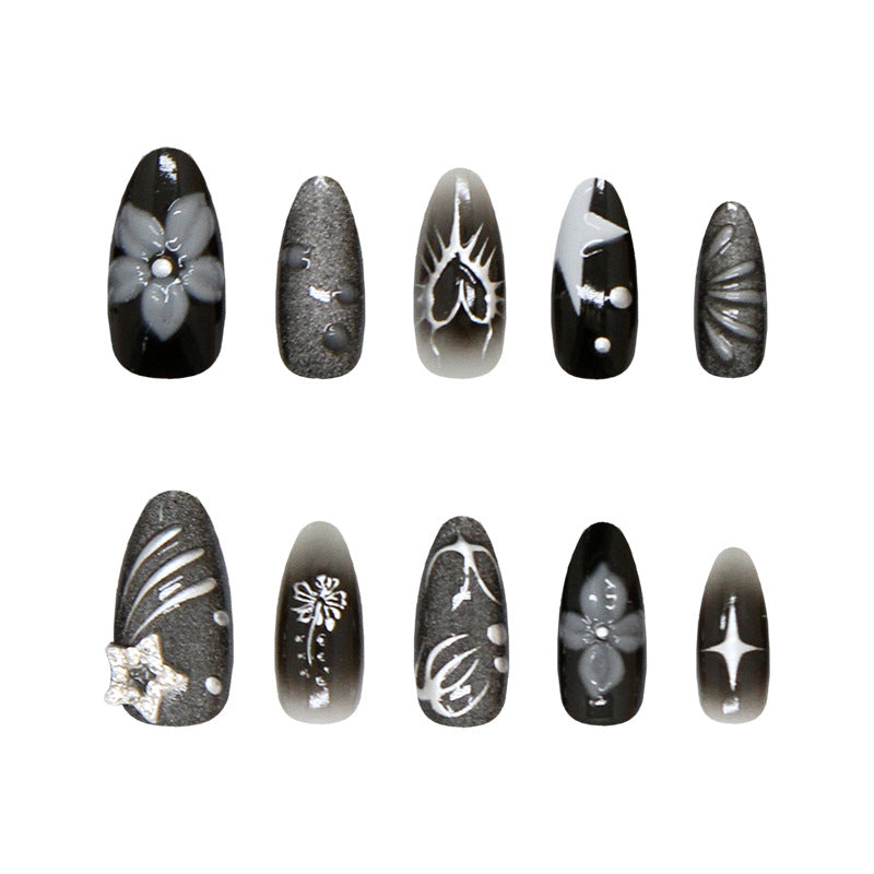 Enchanting Black Floral Medium Almond Press on Nails with Unique Matte Finish