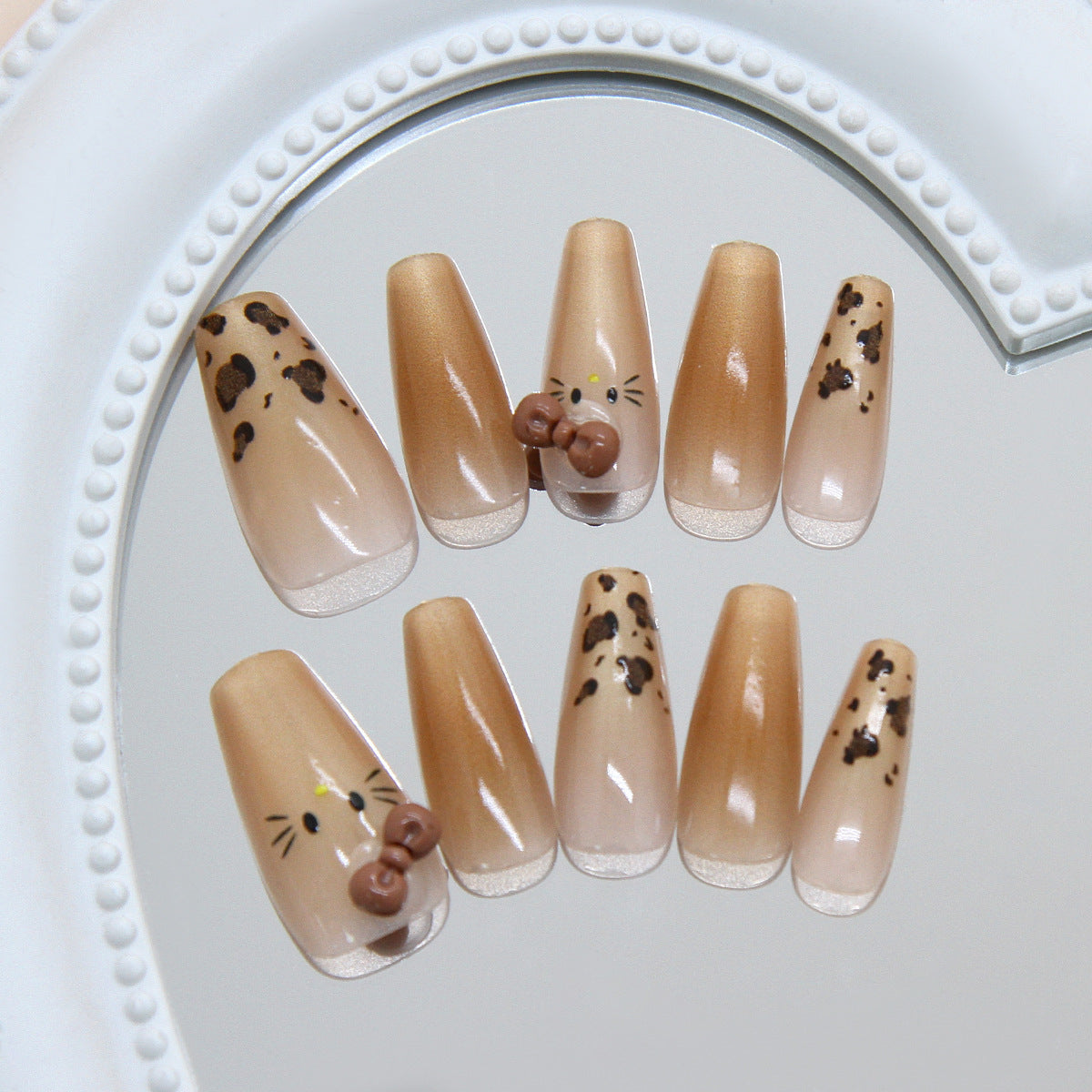 Whimsical Cat Theme Long Coffin Brown Gradient Press On Nail Set with Cute Bow Detail