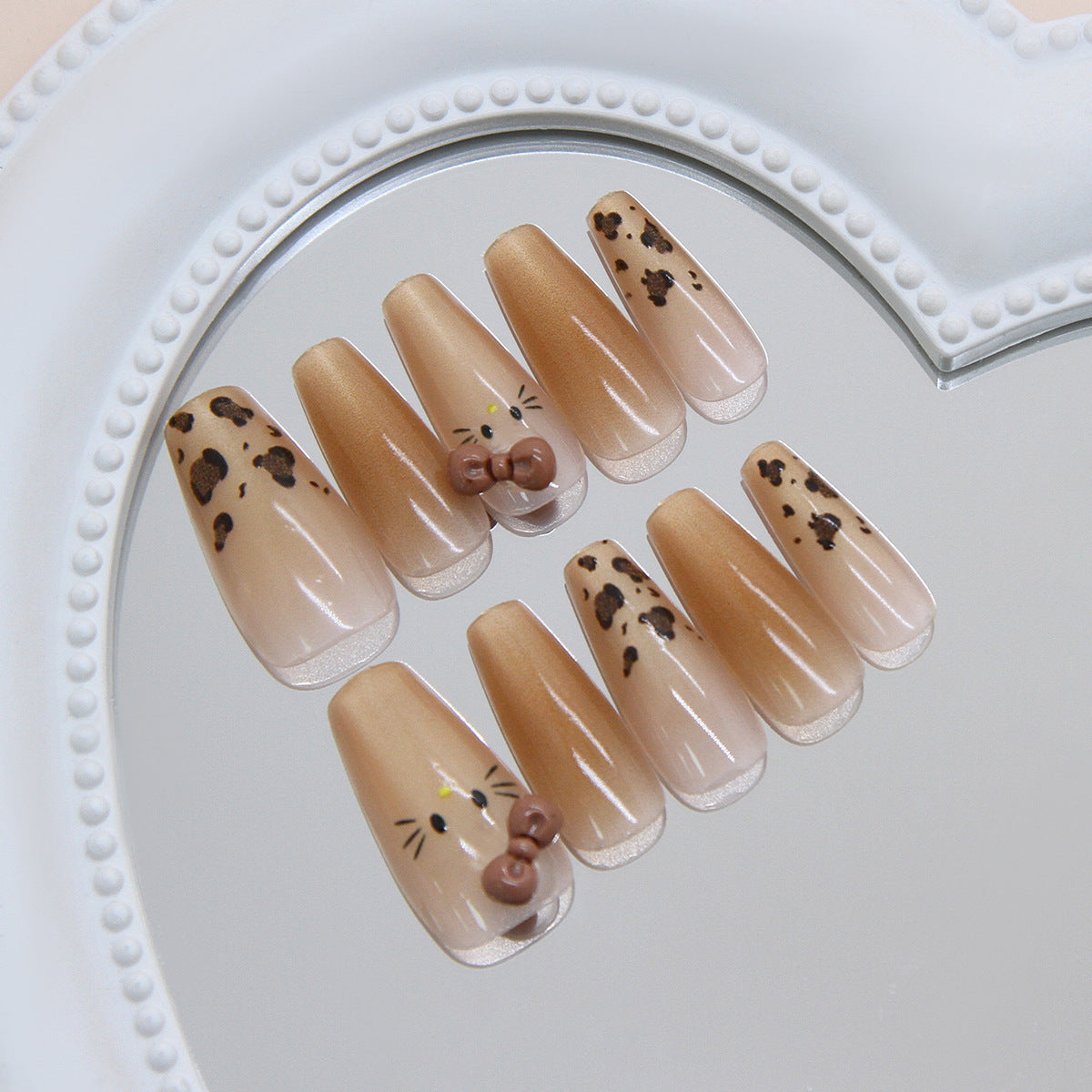 Charming Animal Inspired Long Coffin Beige Gradient Press On Nail Set with Cute Bow and Whiskers
