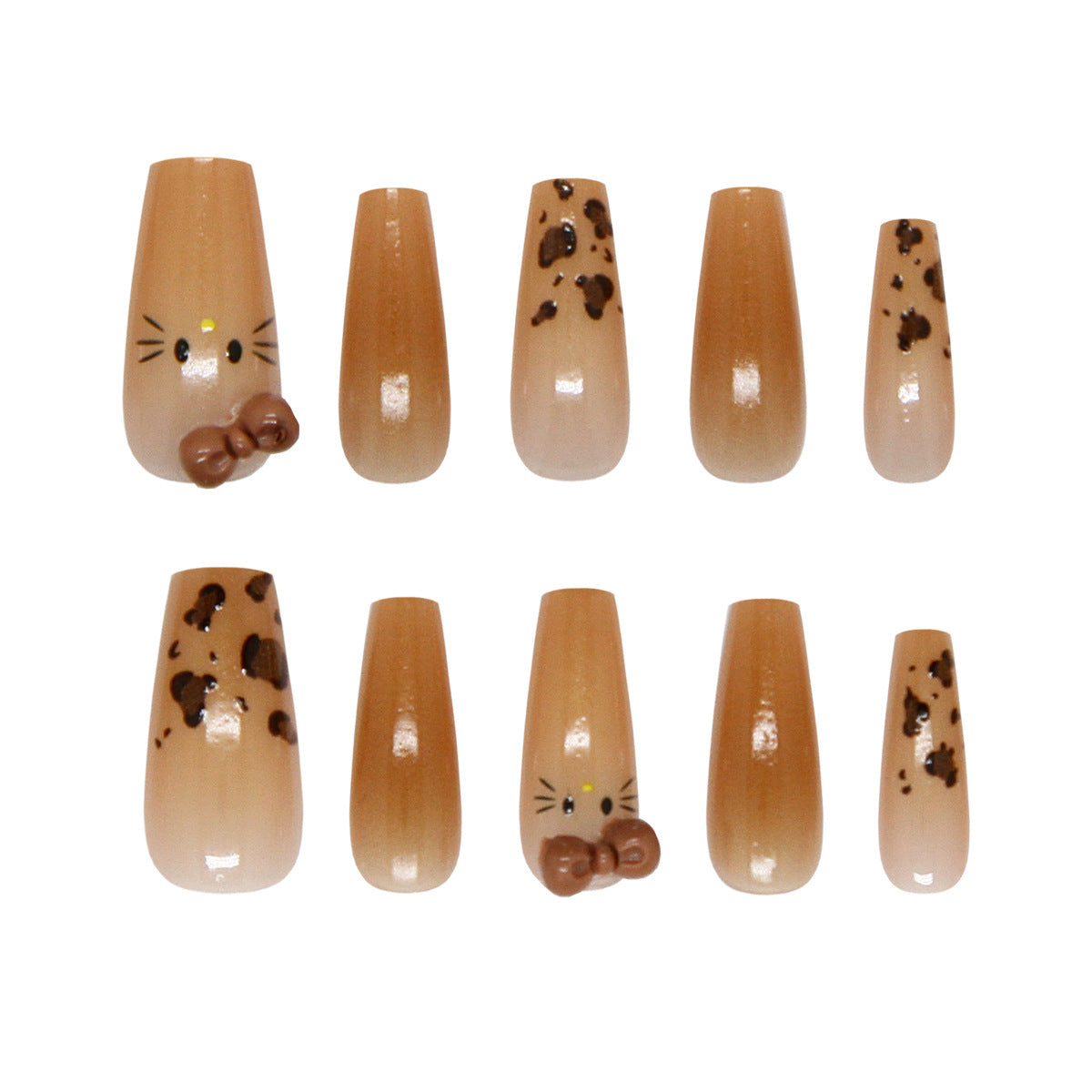 Cute Animal Print Long Coffin Brown with Whimsical Character Design Press On Nail Set
