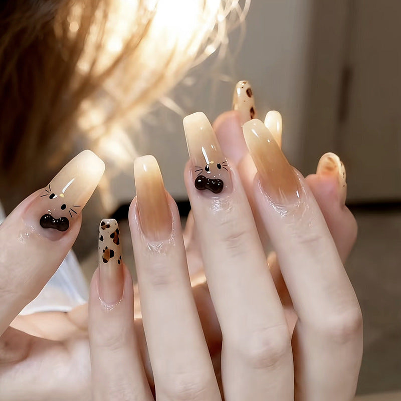 Playful Safari Long Coffin Beige Ombre with Cute Animal Faces Press on Nail Set
