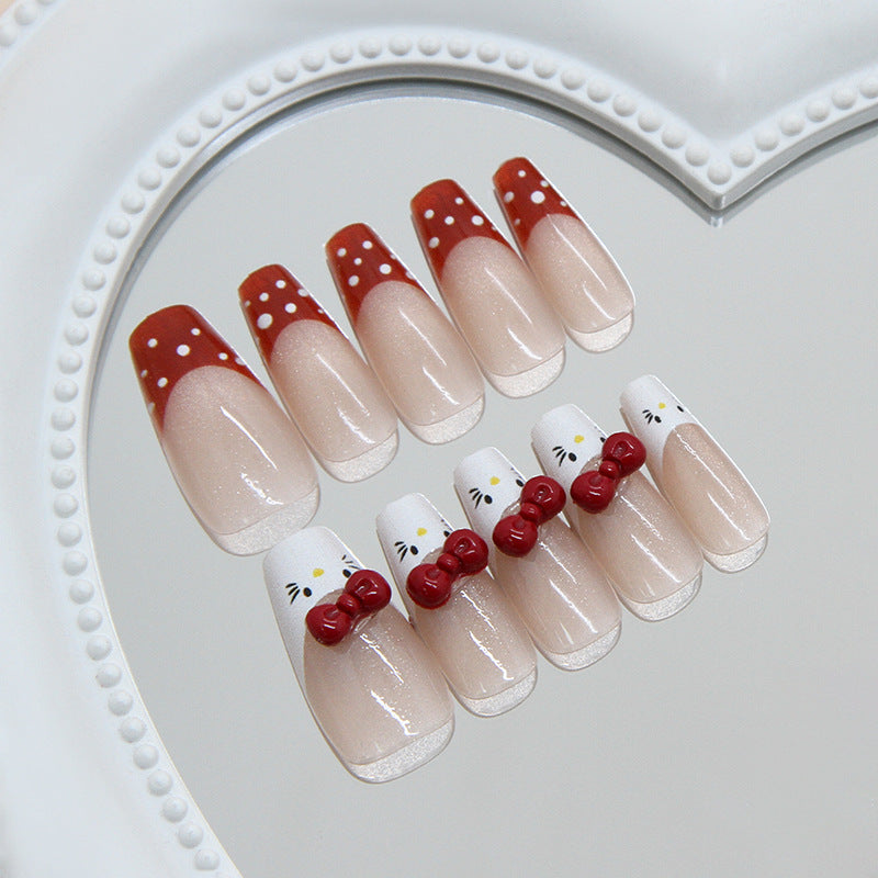 Whimsical Charm Long Coffin Red Gradient with Adorable Bow Press On Nail Set