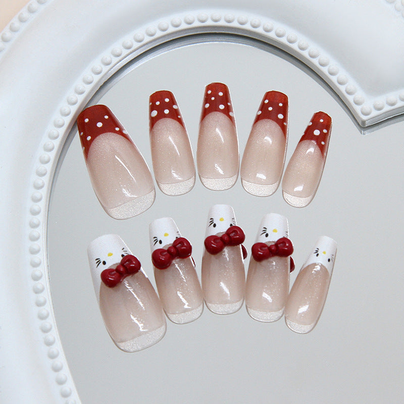 Whimsical Wonderland Long Coffin Red and White Kitty Bow Nail Set