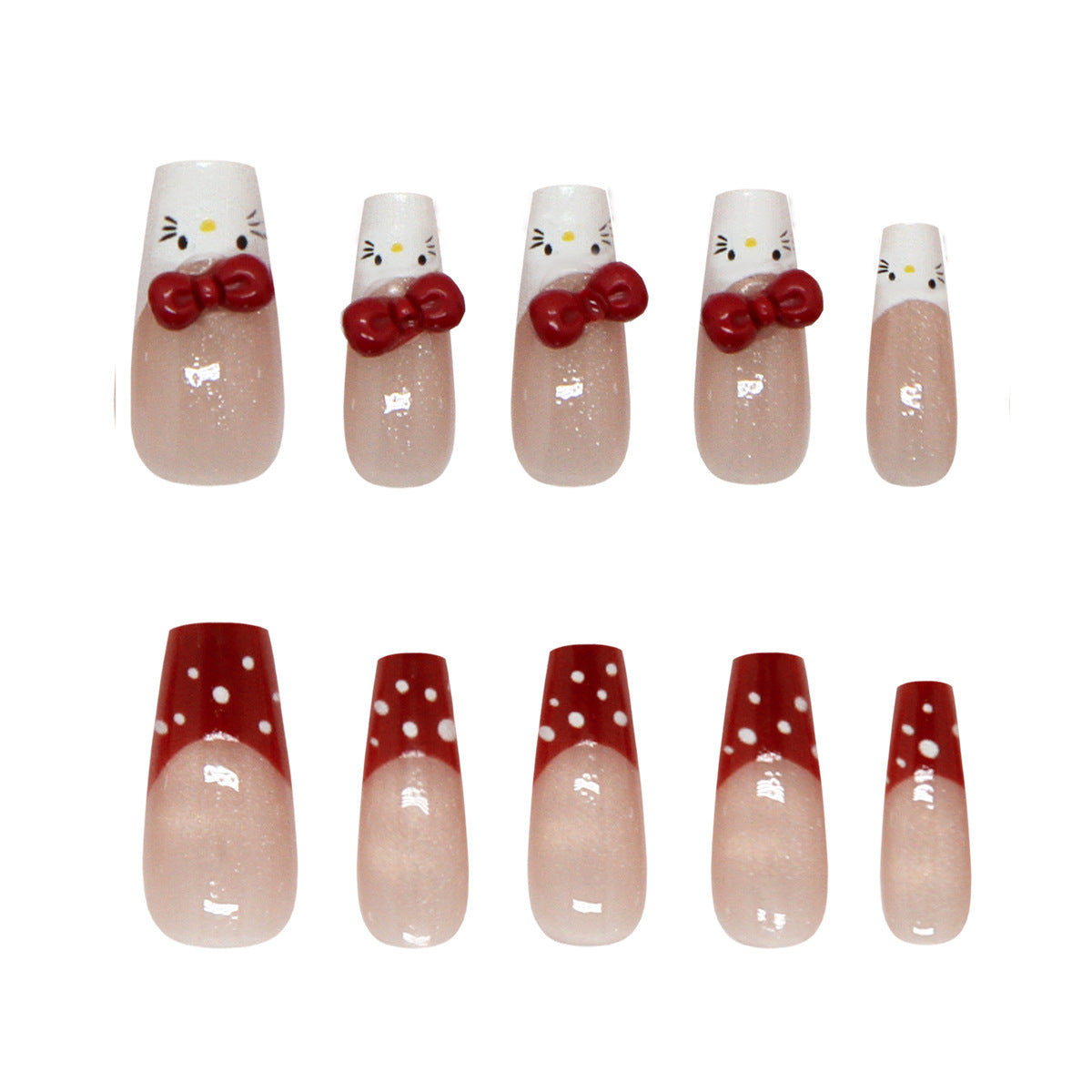 Hello Kitty Inspired Long Coffin Pink and Red Bow Nail Set