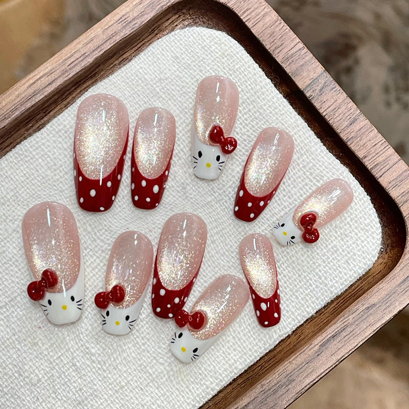 Hello Kitty Themed Long Coffin Sparkling Red Press on Nail Set