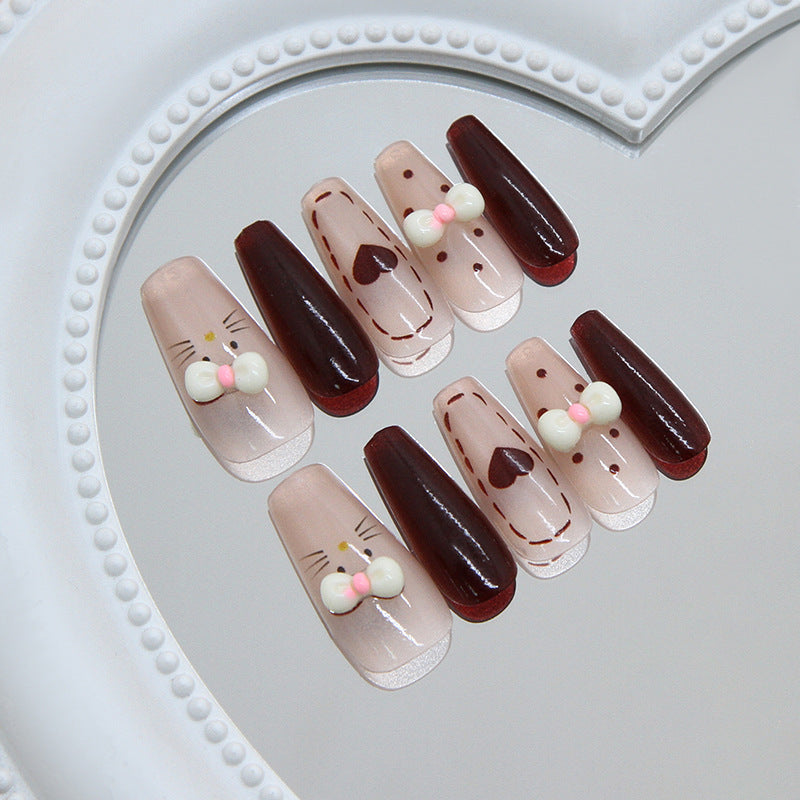Whimsical Bunny Design Long Coffin Pink and Burgundy Nail Set with Adorable Bow Accents