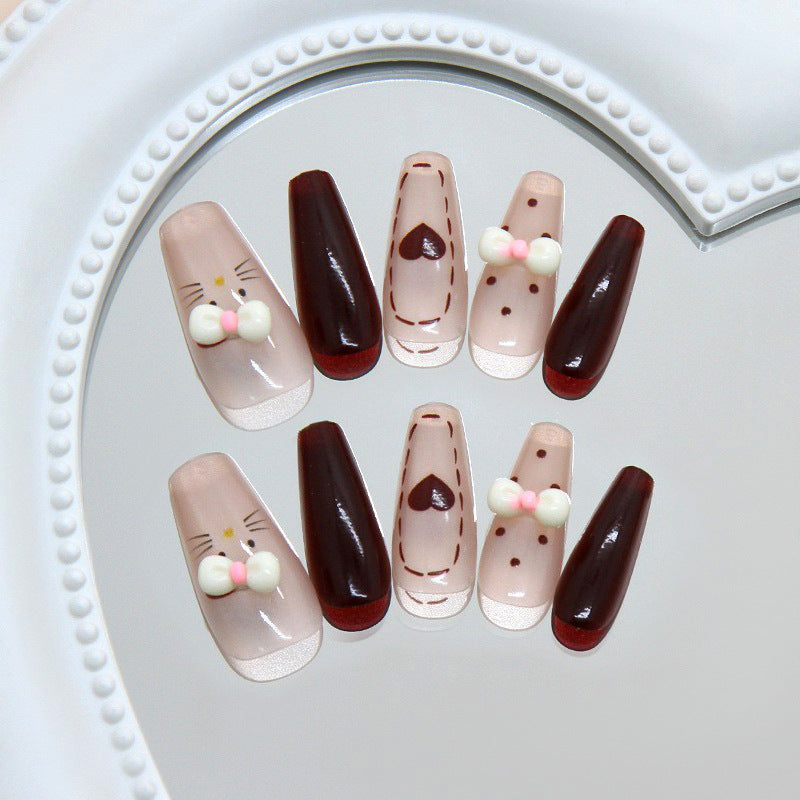 Whimsical Bunny Charm Long Coffin Pink and Brown Press on Nail Set