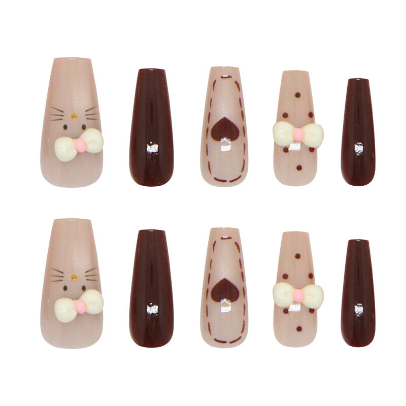 Cute Chocolate Adventure Long Coffin Brown with Adorable Bow Details Nail Set
