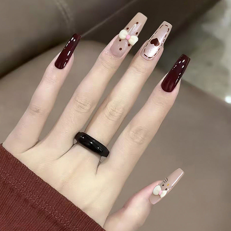 Charming Whimsy Long Coffin Beige with Cute Bunny Accent Press On Nail Set
