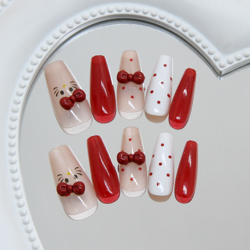 Hello Kitty Inspired  Long Coffin Red and Beige Nail Set with Cute Bow Accents