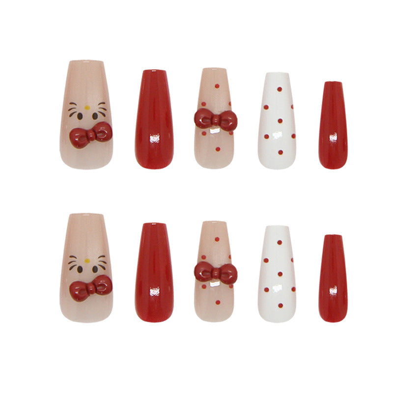 Whimsical Charm Long Coffin Red and Beige Bow Press on Nail Set