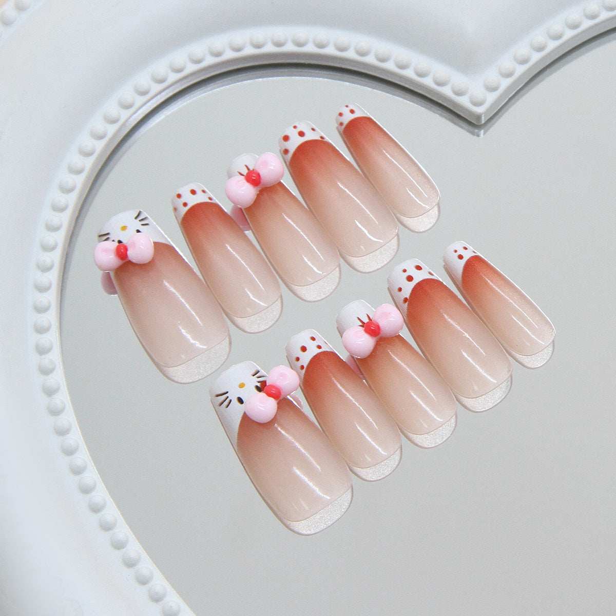 Cute Kitty Theme Long Coffin Pink Ombre Press on Nail Set with Adorable Bow Details