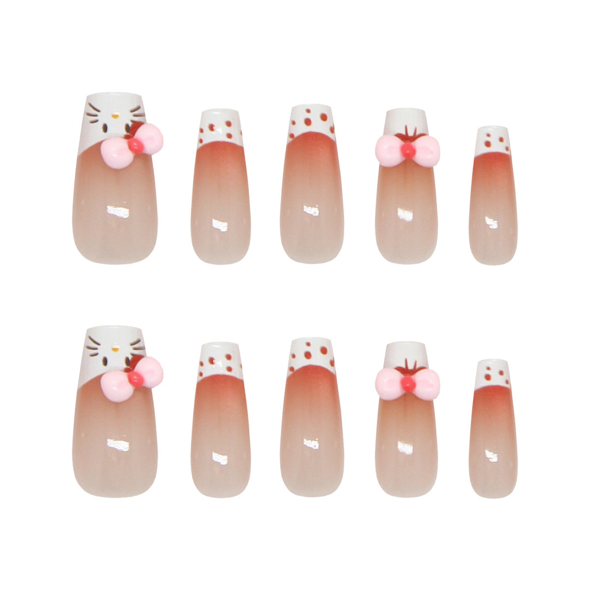Kawaii Charm Long Coffin Pink Ombre with Cute Bow Accents Press-On Nail Set