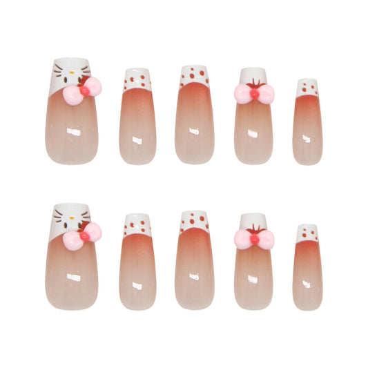 Kawaii Charm Long Coffin Pink Ombre with Cute Bow Accents Press-On Nail Set