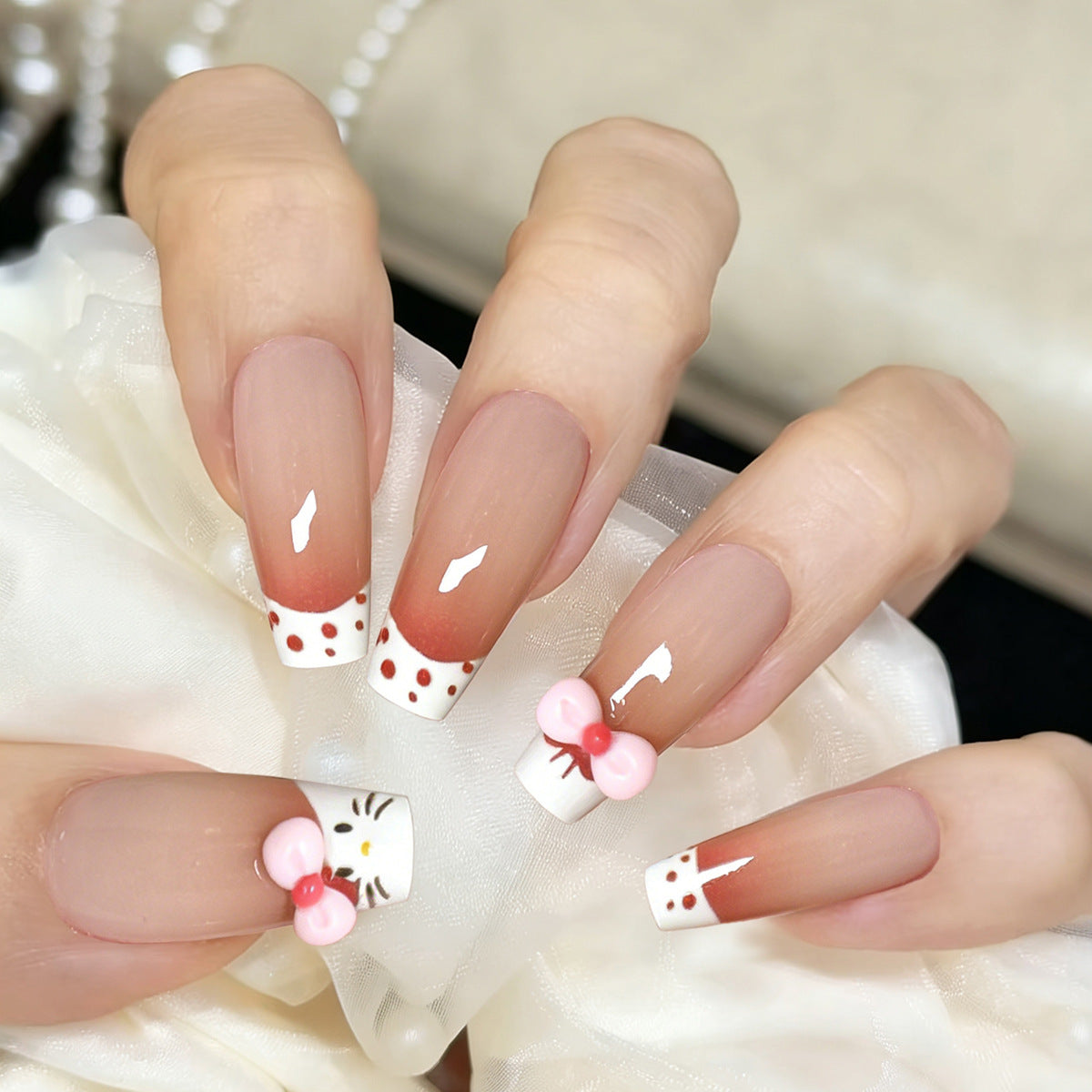 Sweet Dessert Inspired Long Coffin Press On Nail Set with Charming Bow Details