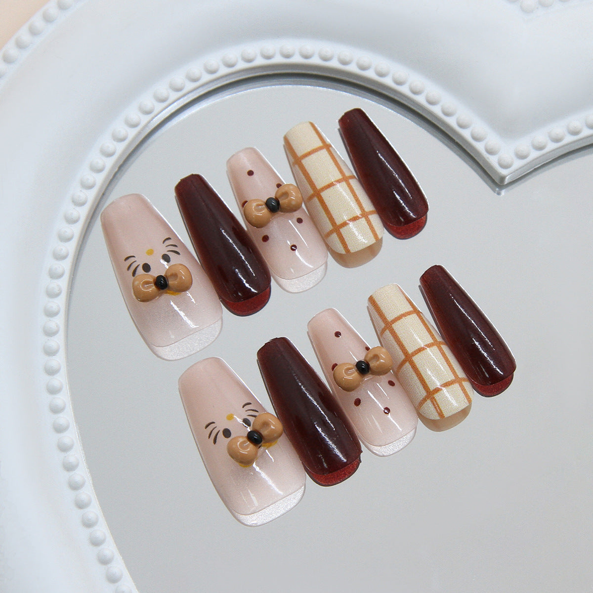 Cozy Dog Theme Long Coffin Burgundy and Beige Press on Nail Set with Unique Bow Details