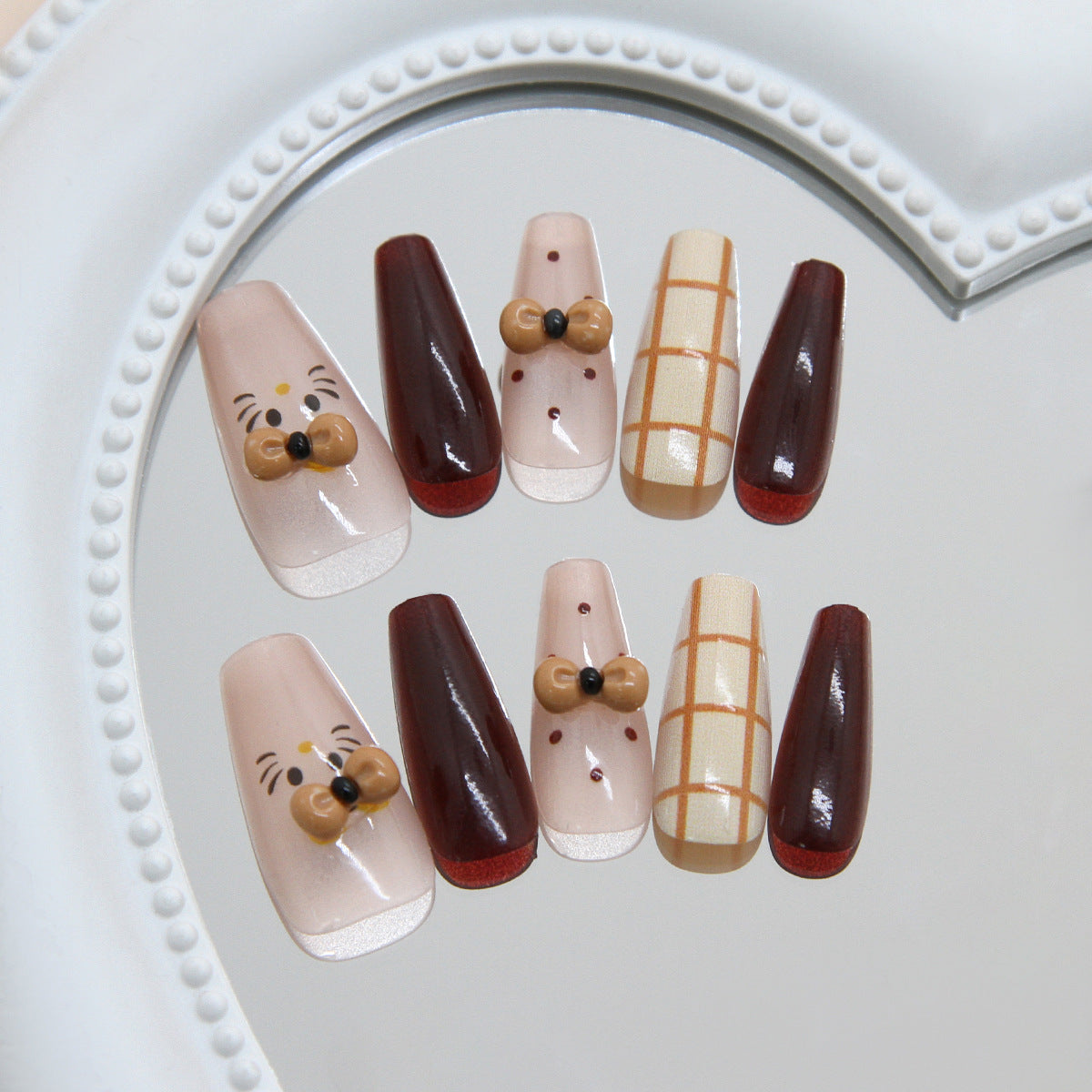 Cozy Autumn Vibes Long Coffin Burgundy and Beige Press On Nail Set with Adorable Bow Accents