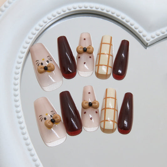 Cozy Autumn Vibes Long Coffin Burgundy and Beige Press On Nail Set with Adorable Bow Accents
