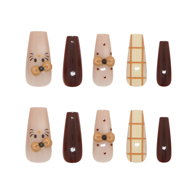 Charming Whimsical Long Coffin Brown and Beige Nail Set with Cute Bow Design
