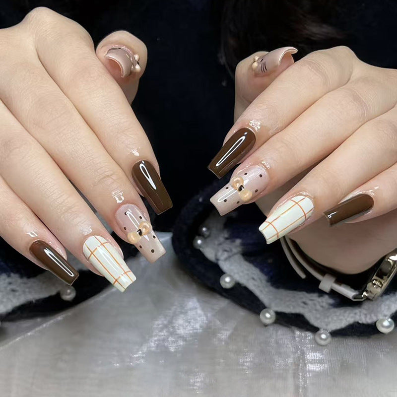 Chic Earthy Elegance Long Coffin Brown with Unique Design Press On Nail Set