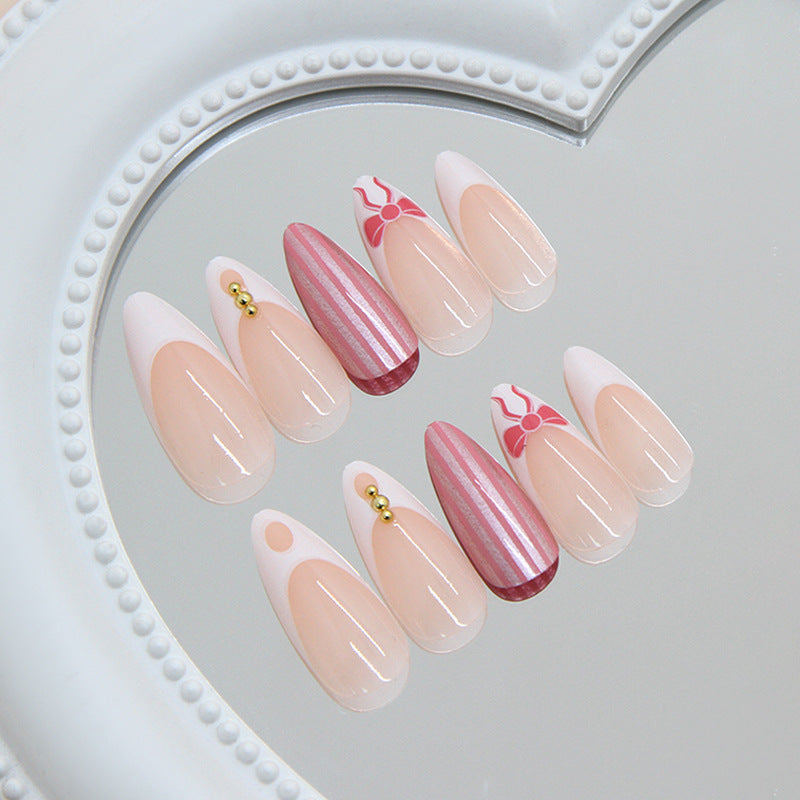 Charming Floral Design Long Almond Pink Press On Nail Set with Unique Accents