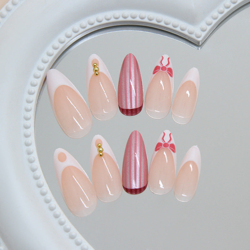 Charming Elegance Medium Almond Pink with Striped Design and Decorative Accents Press on Nail Set