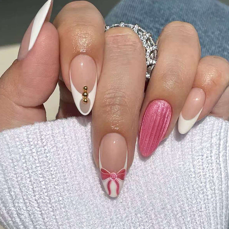 Charming Elegance Medium Almond Pink with Bow and Textured Accent Nail Set