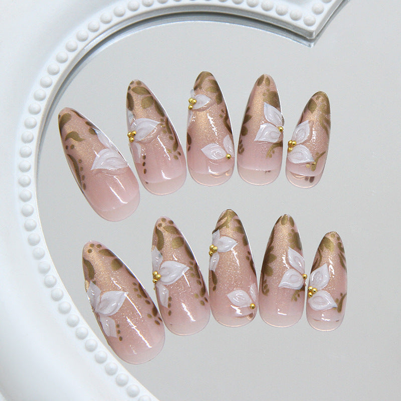 Whimsical Floral Charm Medium Almond Pink Press On Nail Set with Elegant Leaf Accents