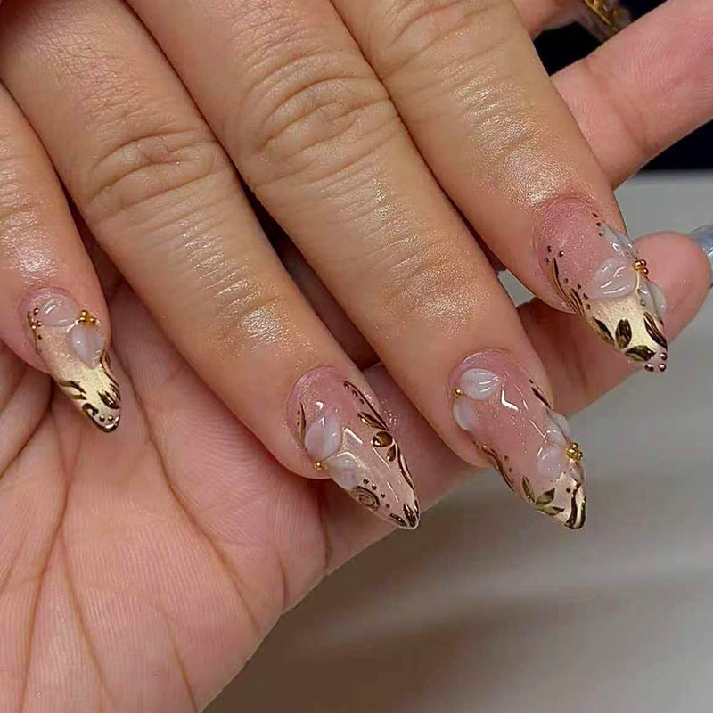 Elegant Glamour Medium Almond Beige with Floral Accents Press on Nail Set