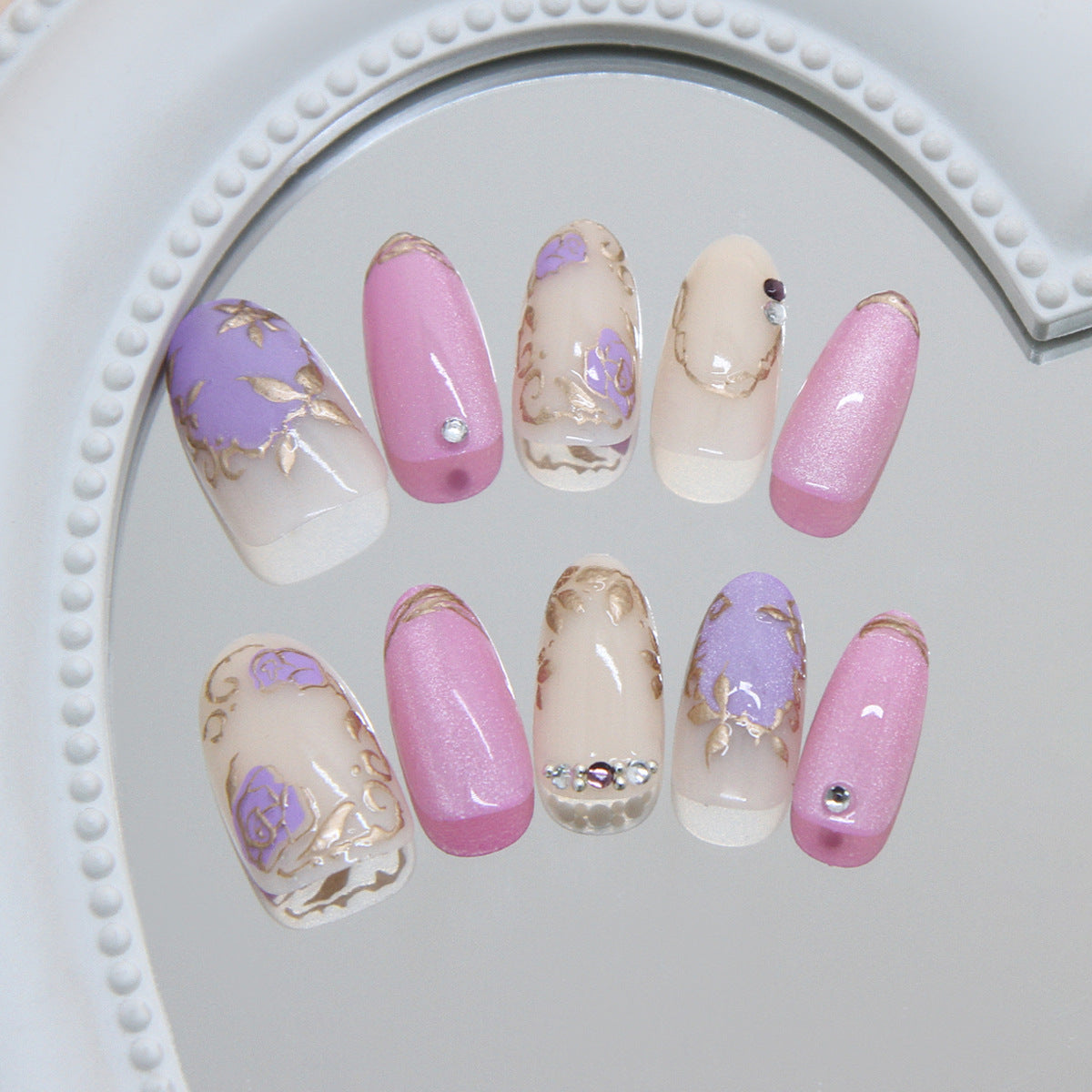 Charming Floral Elegance Medium Oval Pink and Lavender with Rhinestone Accent Press On Nail Set