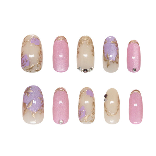 Romantic Elegance Medium Oval Pink with Floral Accents Press on Nail Set