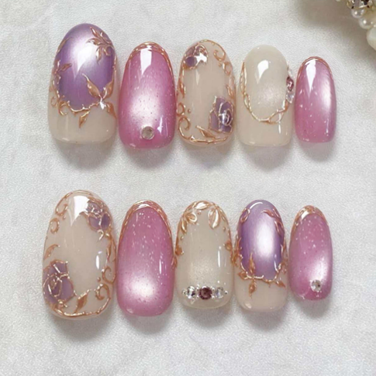Romantic Floral Medium Oval Pink with Artistic Gold Leaf Design Press on Nail Set