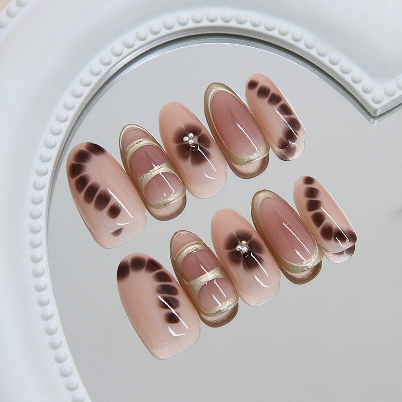 Chic Elegance Long Oval Brown Ombre Design with Rhinestone Accents Press-On Nail Set