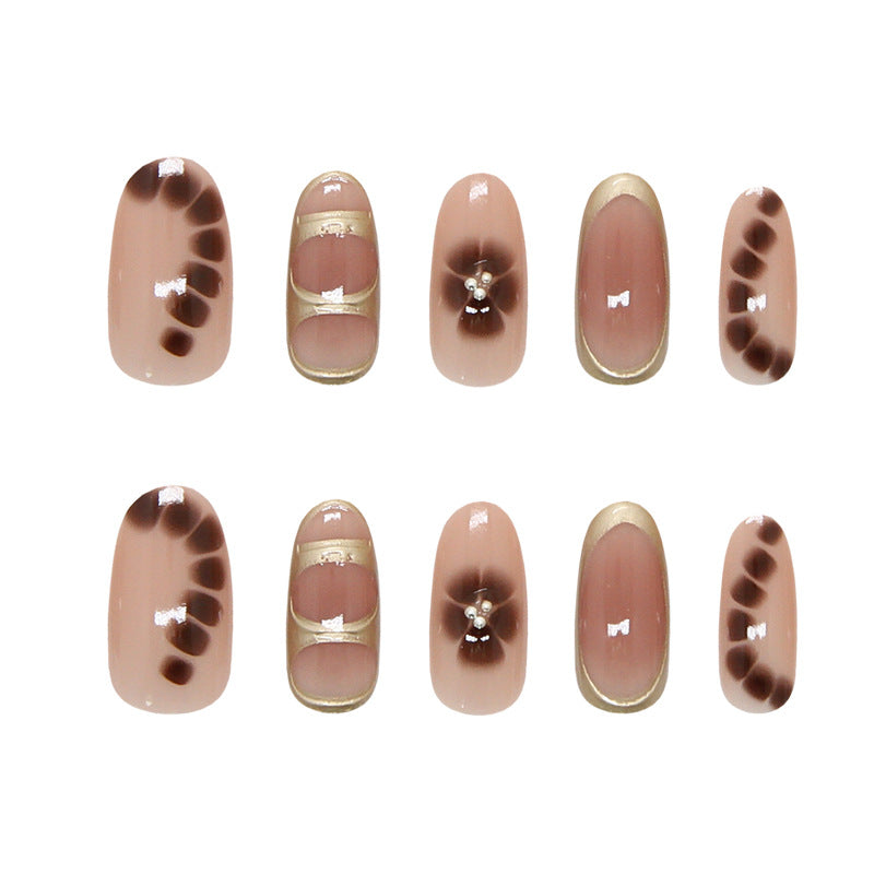 Elegant Earthy Medium Oval Brown Patterned Press On Nail Set