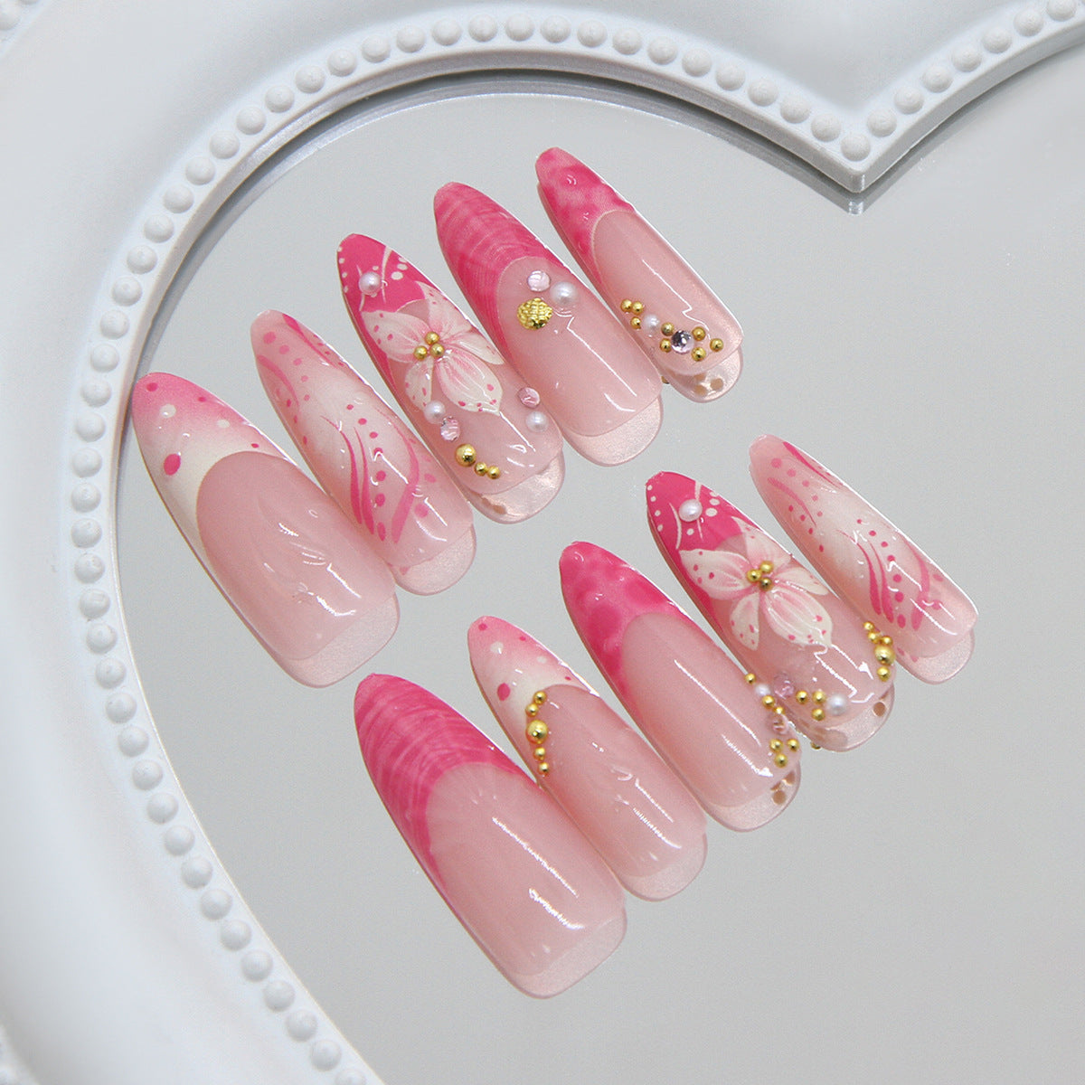 Floral Fantasy Medium Almond Pink Nail Set with Elegant Floral Accents