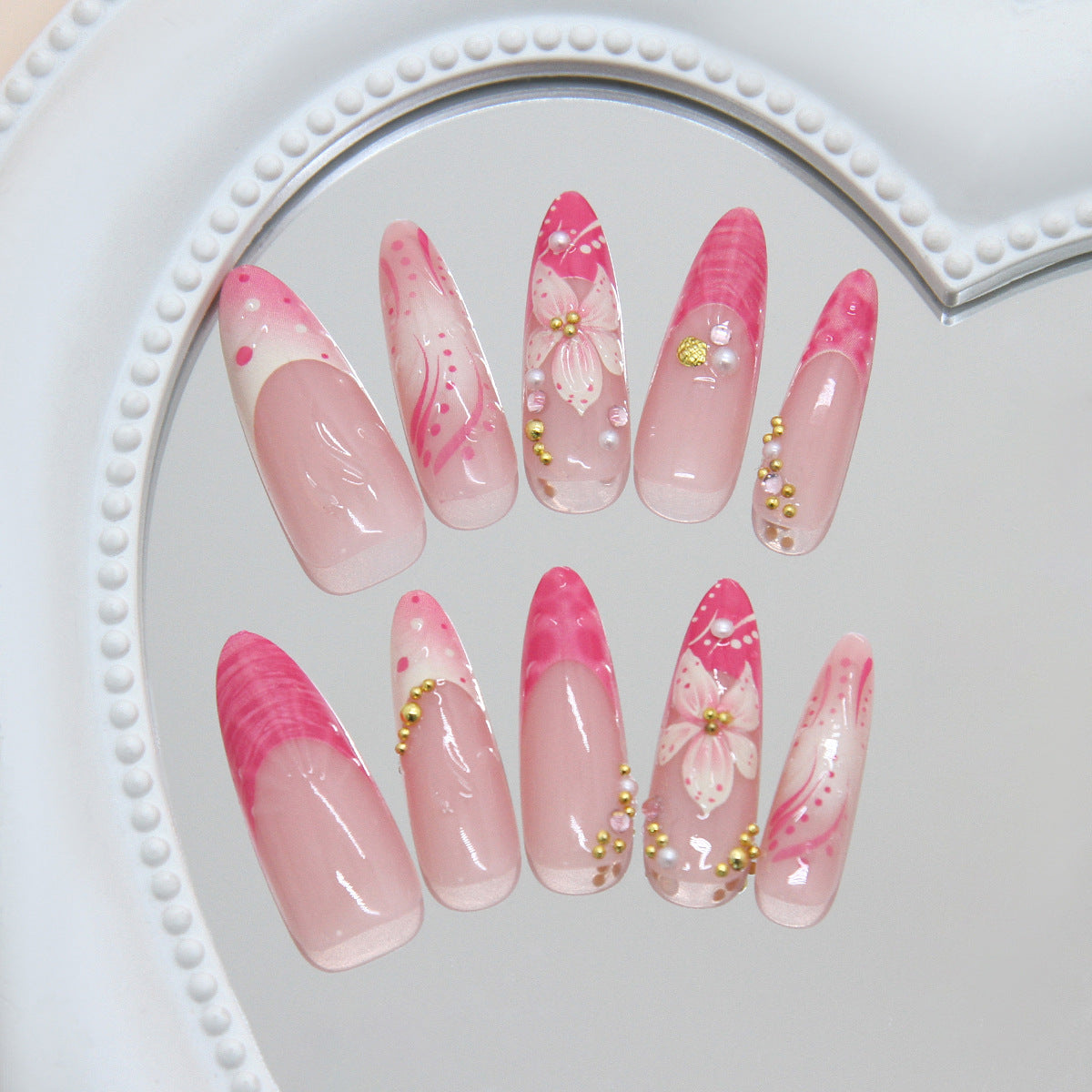 Blossom Elegance Medium Almond Pink Floral Accents Press On Nail Set