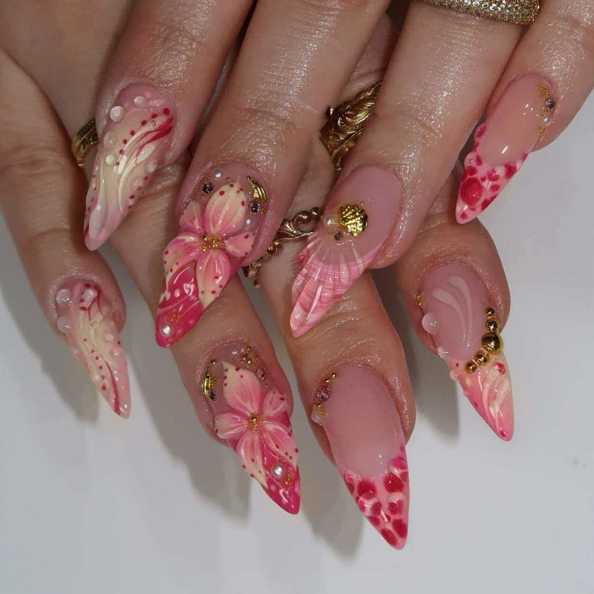 Chic Floral Fantasy Medium Almond Pink with Intricate Blossom Design Press On Nail Set