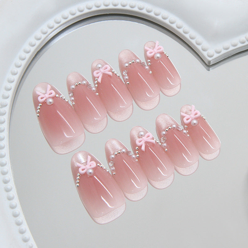 Charming Blush Medium Oval Press On Nail Set with Delicate Ribbon Accents