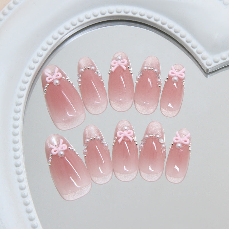 Elegant Fairy Tale Long Almond Pink Press On Nail Set with Charming Bows and Pearls