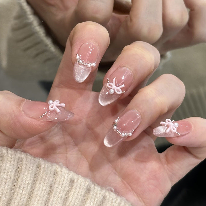 Chic Elegance Medium Almond Pink with Bow and Pearl Accents Press on Nail Set