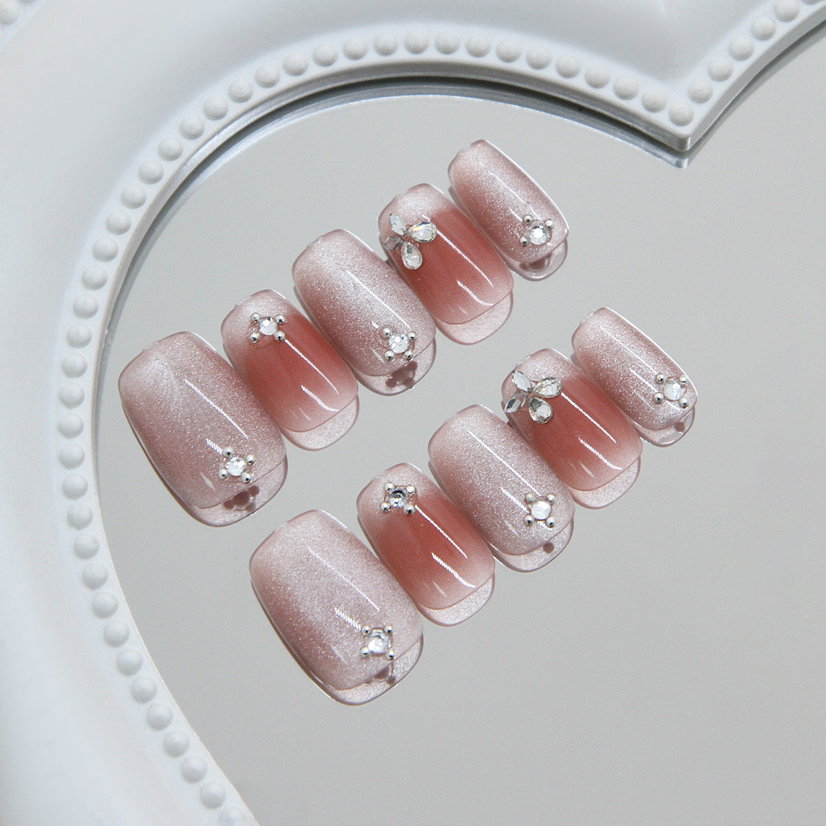 Chic Blossom Short Square Blush Nails with Elegant Floral Embellishments