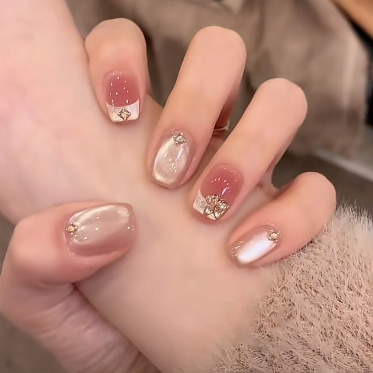 Elegant Floral Glamour Short Square Blush Pink Press On Nail Set with Shimmering Accents