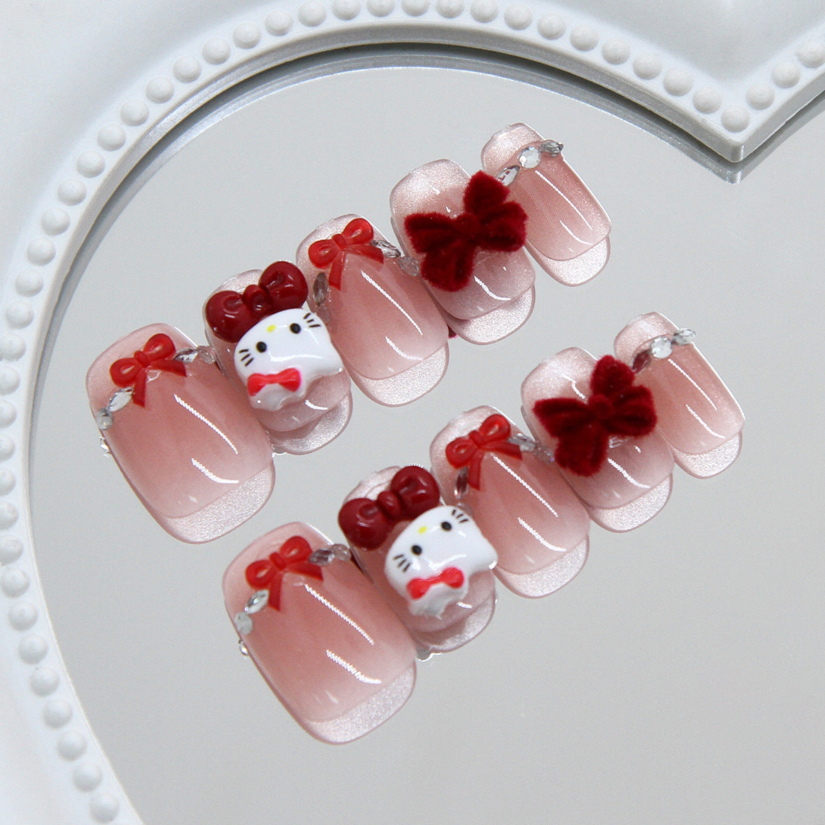 Whimsical Fantasy Short Square Pink Press On Nail Set with Bow and Kitty Design