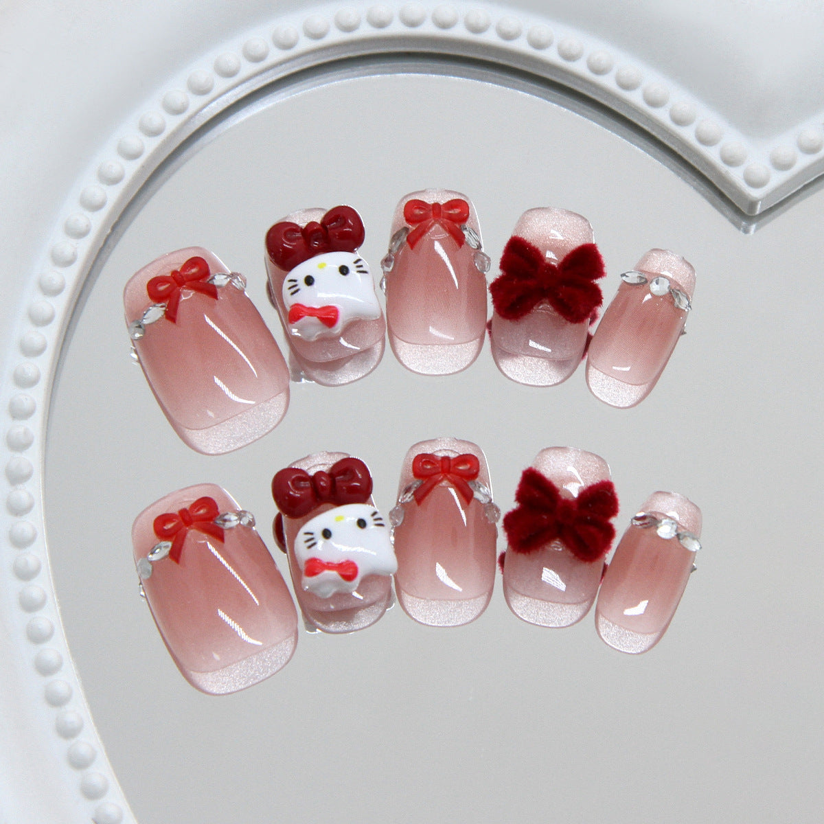 Hello Kitty Inspired Short Square Pink Press On Nail Set with Charming Bow Accents