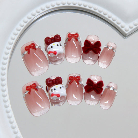 Hello Kitty Inspired Short Square Pink Press On Nail Set with Charming Bow Accents