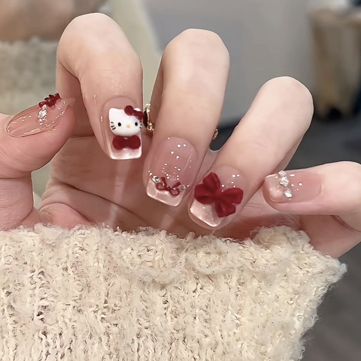 Cute Kitty Bow Medium Square Clear with Glitter and Red Bows Press On Nail Set