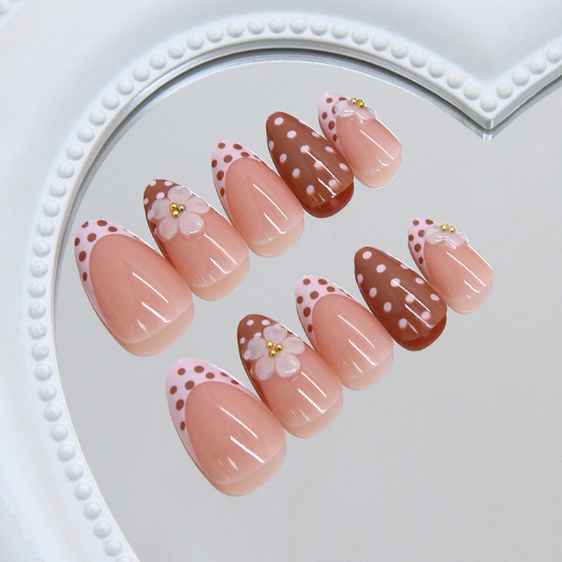 Charming Floral Delight Short Almond Pink with Whimsical Polka Dots and Elegant Flower Accent Nail Set