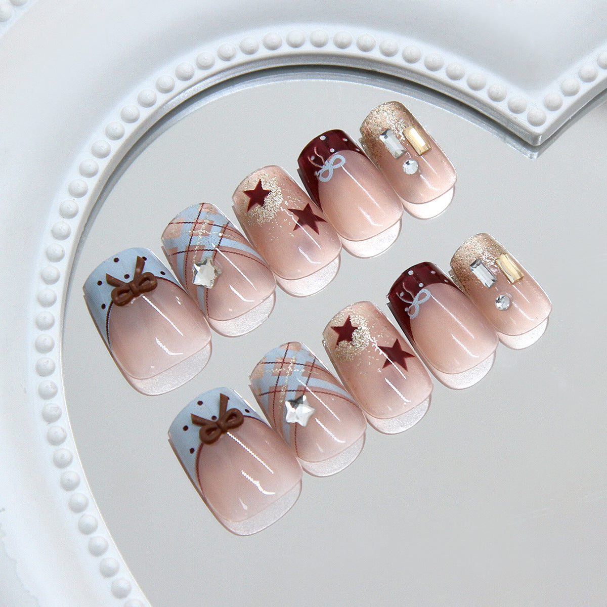 Holiday Glam Short Square Beige with Glitter and Star Accents Press-On Nail Set