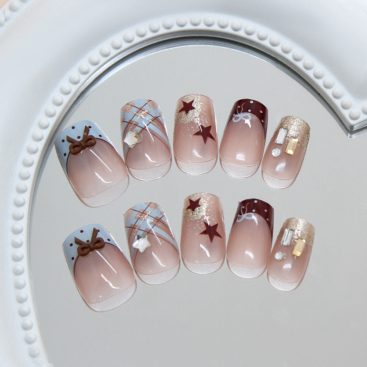 Charming Holiday Vibes Short Square Brown with Shimmering Star Accents Press on Nail Set